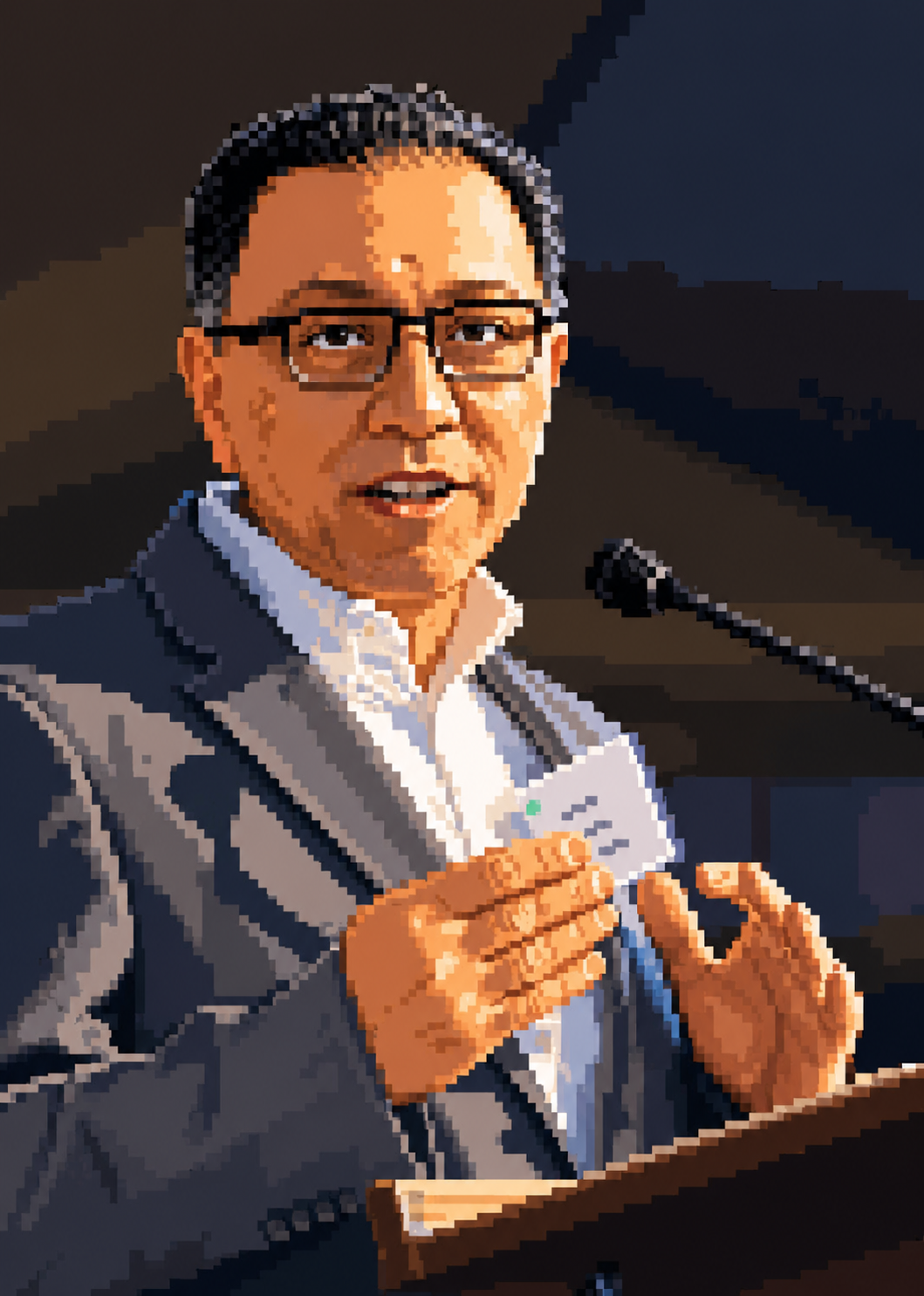 Pixel portrait of Farhad Teymurian speaking at a podium